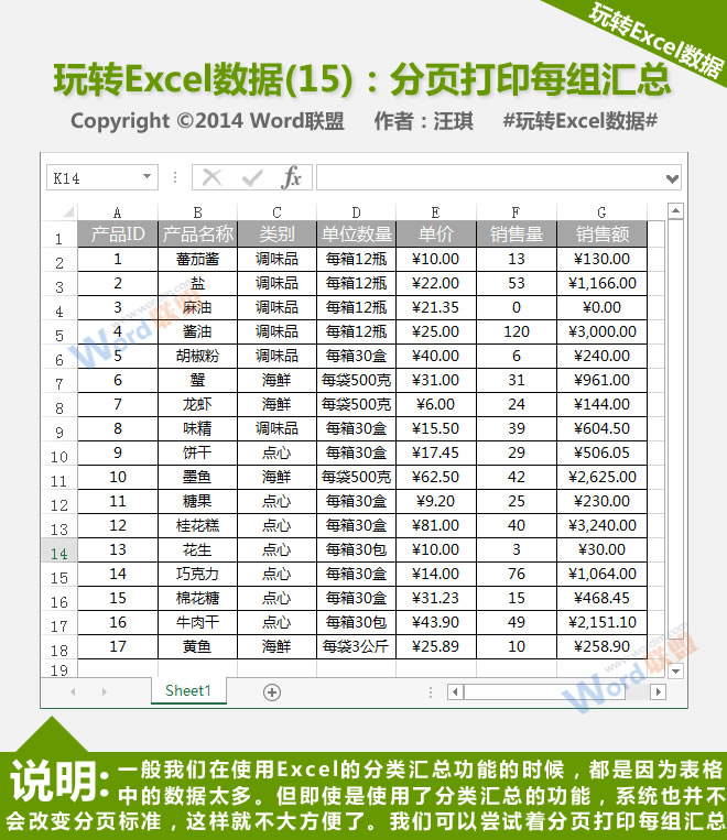 按页面打印每个组的摘要:播放Excel数据(15)