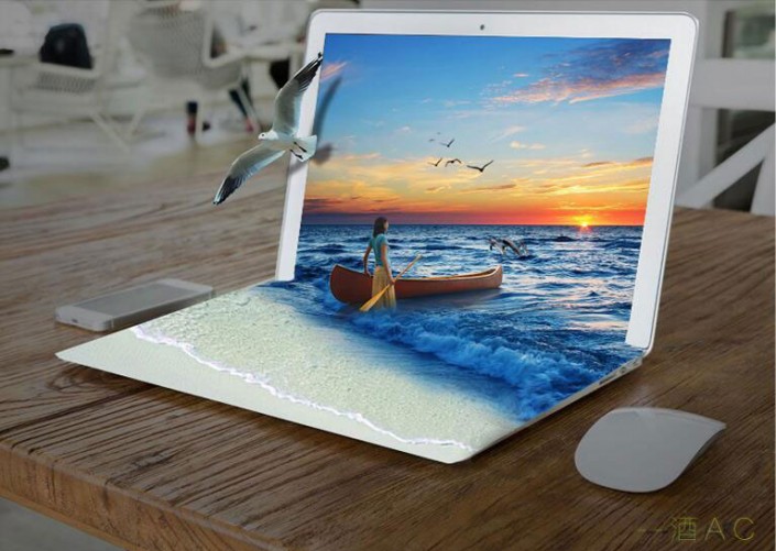 出屏效果，制作逼真的海水和海滩从电脑屏幕溢出的3D画面